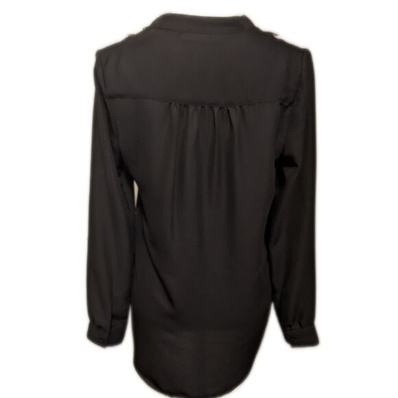 LC Lauren Conrad black polyester v-neck blouse, lace yoke, button down XS - Picture 2 of 7